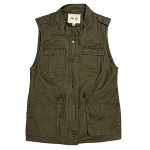Per Se Army Green Sleeveless Drawstring Waist Utility Vest Large 100% Cotton